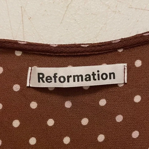Reformation Lucky Wrap Mini Dress in Cappuccino Brown & White Polka Dot Print - Picture 9 of 14